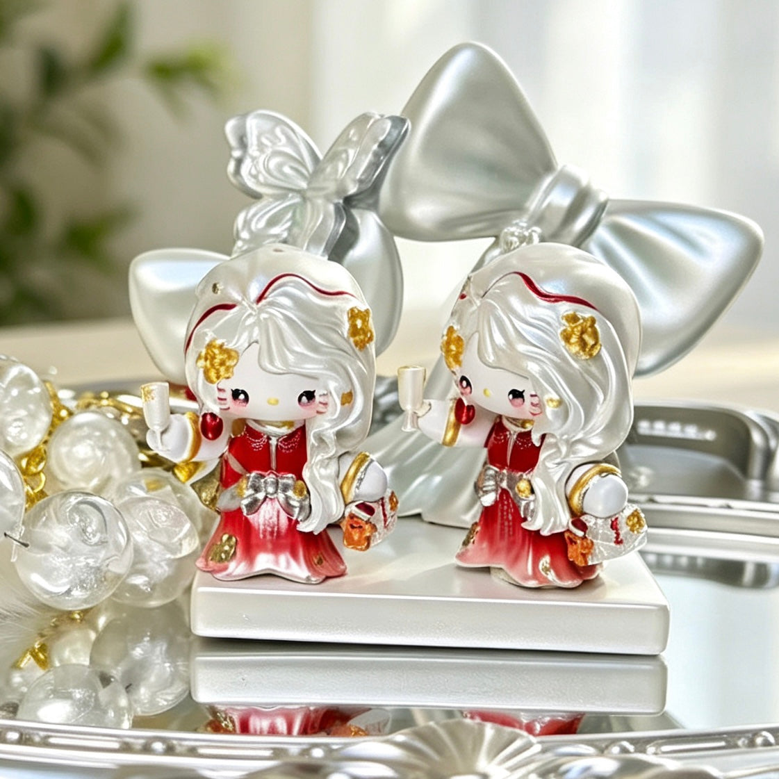 New Year girl decorative dolls in red, white and gold outfits