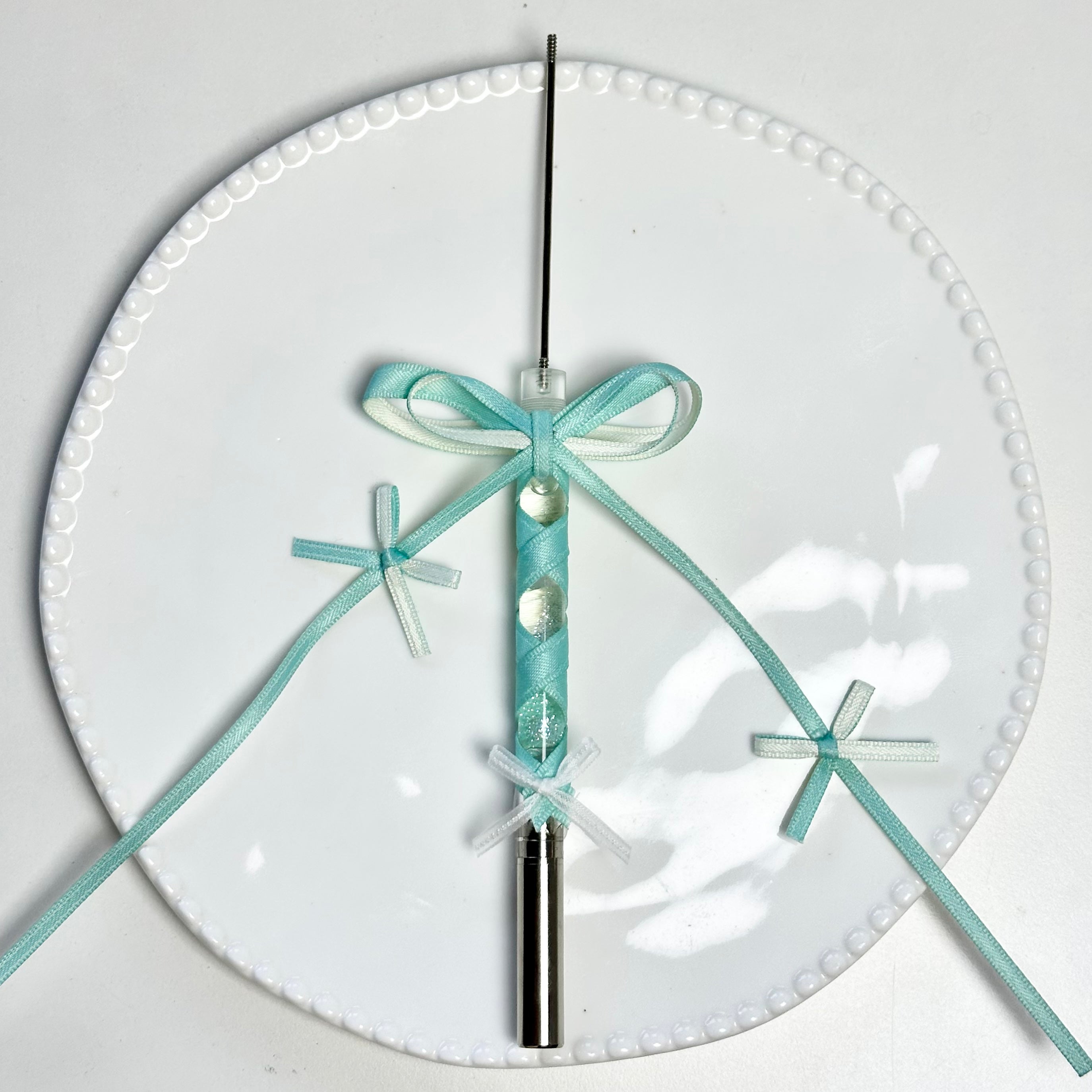 Teal layered bow Ballerina Pen with white ribbon details