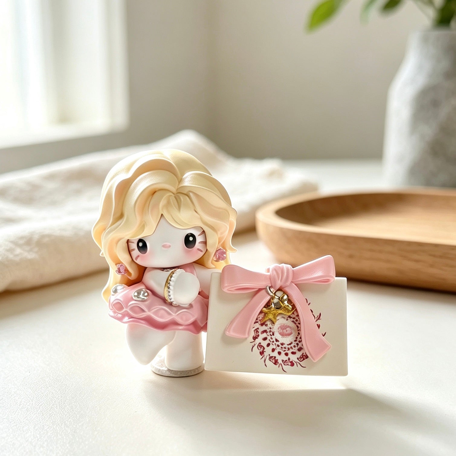 Pastel girl decorative doll beside an ivory bag with a pink bow