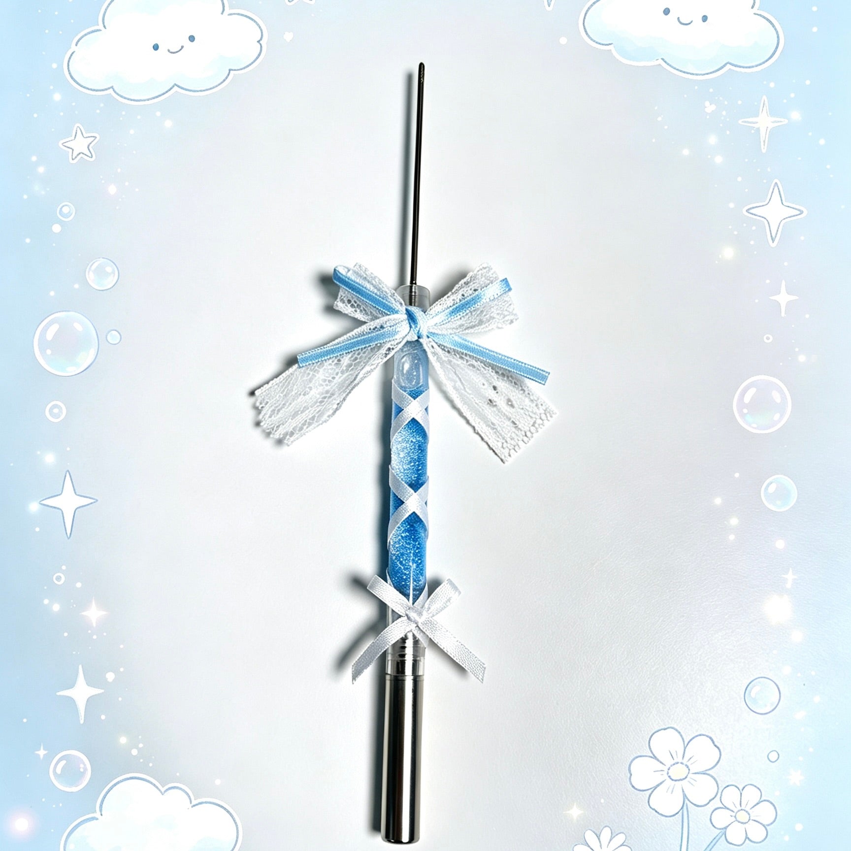 Blue Glitter Lace Bow Ballerina Pen with coordinated bow details