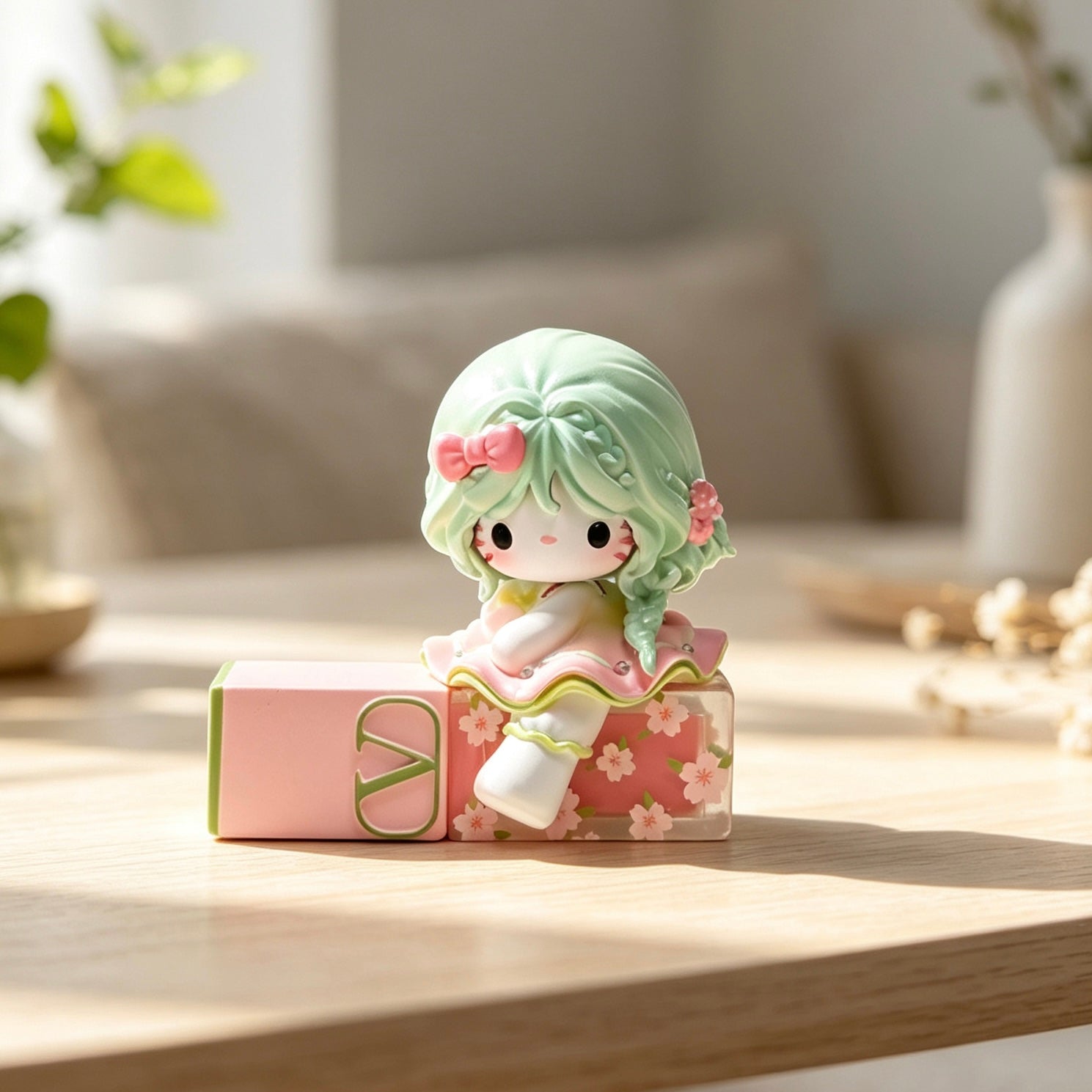 Green-haired decorative doll figure with pink bow on floral base
