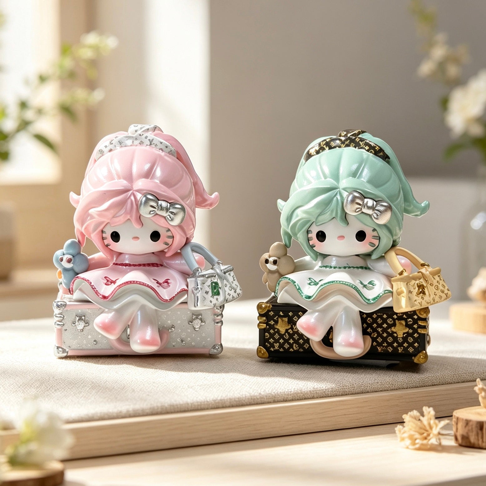 Pastel decorative doll figures with bows and patterned cases