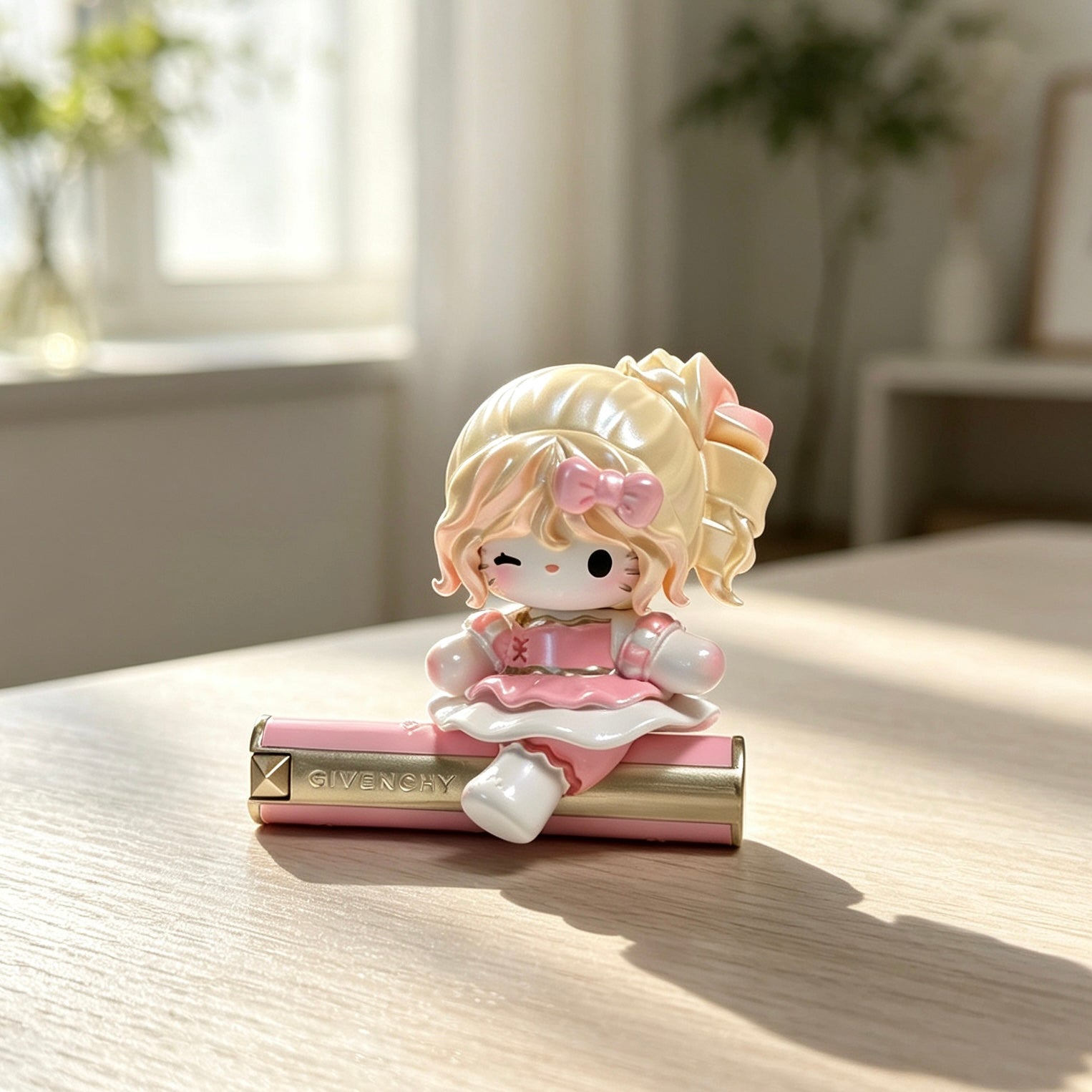 Blonde decorative doll figure on pink-and-gold decorative tube