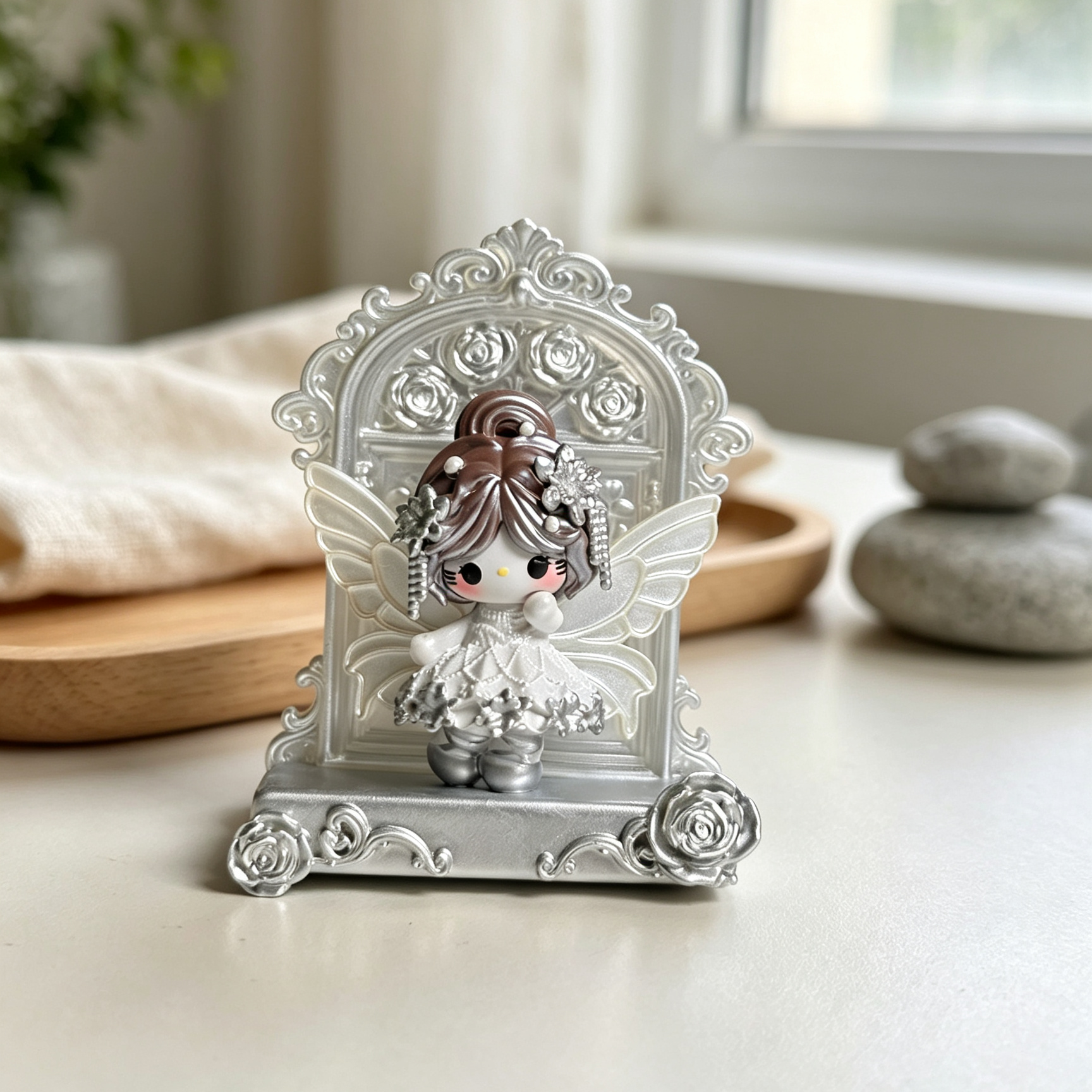 White wing decorative doll on an ornate silver throne