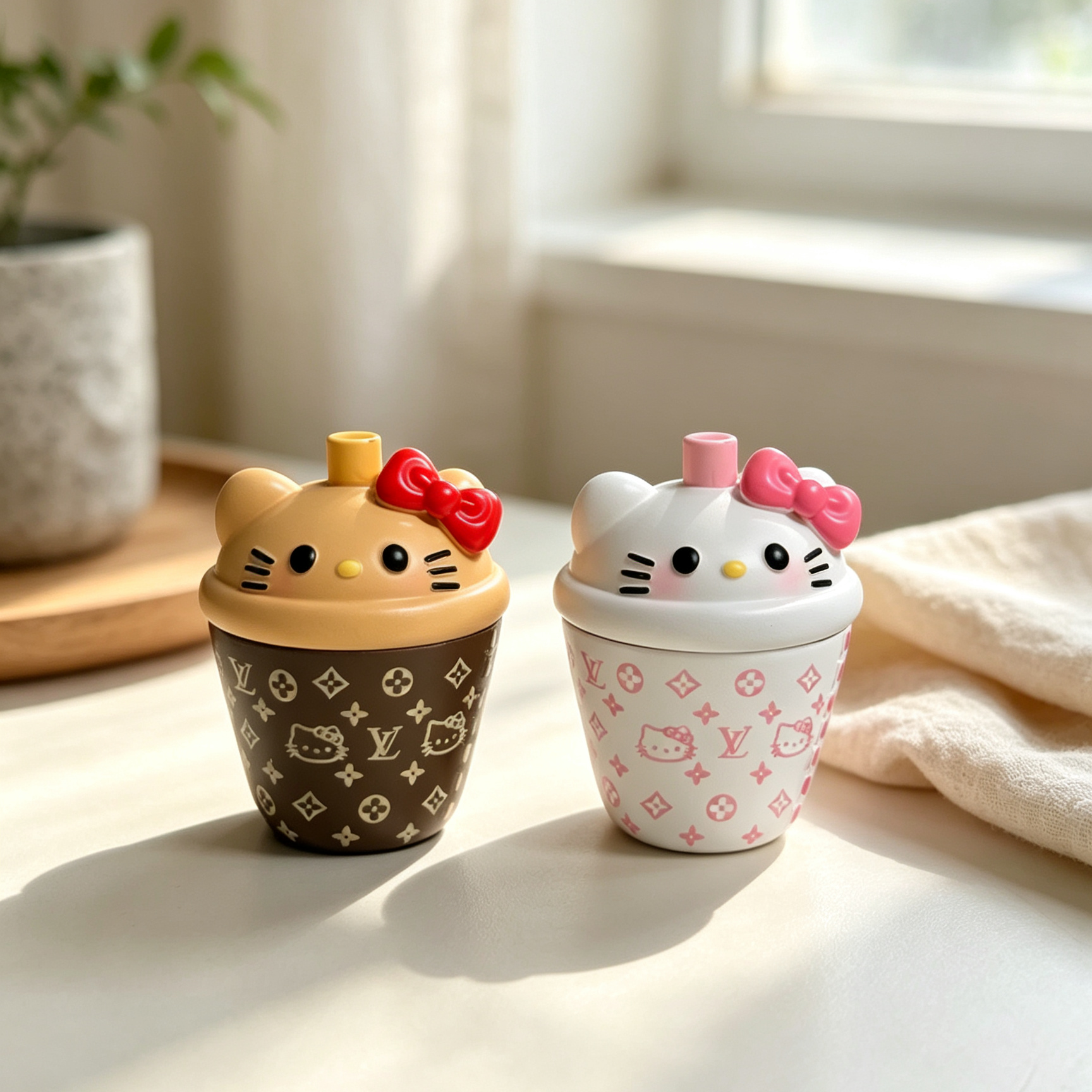 Brown and pink cat cup decorative dolls